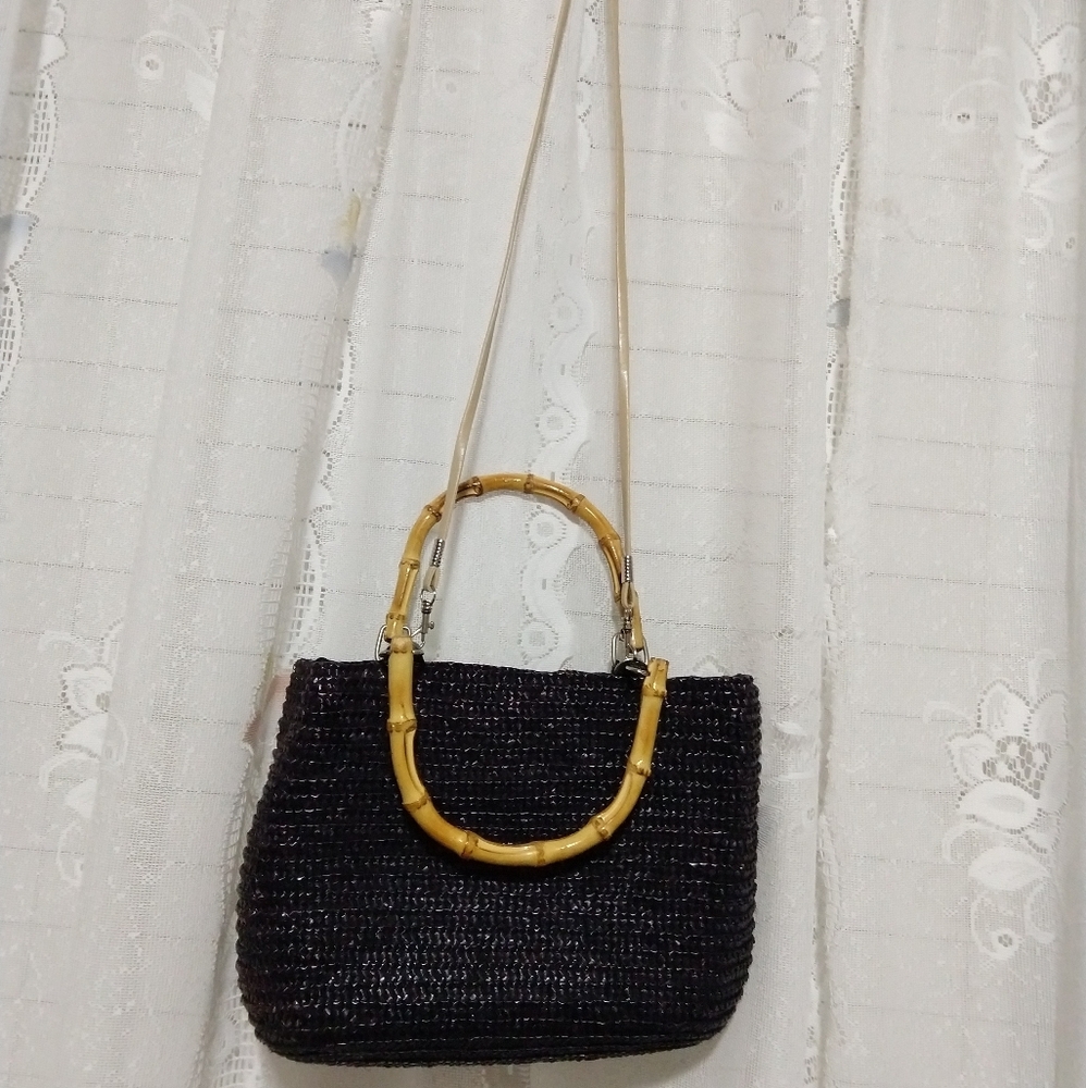 Black Woven with Bamboo Handle Purse